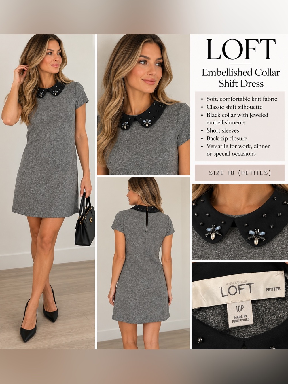 Ann Taylor LOFT Petite Gray Jeweled Peter Pan Collar Shift Dress Size MP